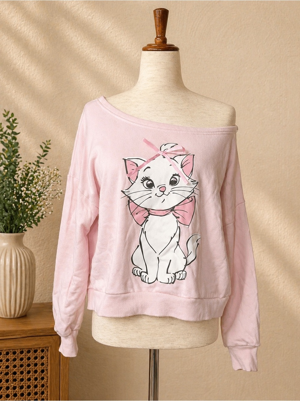 Disney Pink Off-Shoulder Cat Graphic Sweater